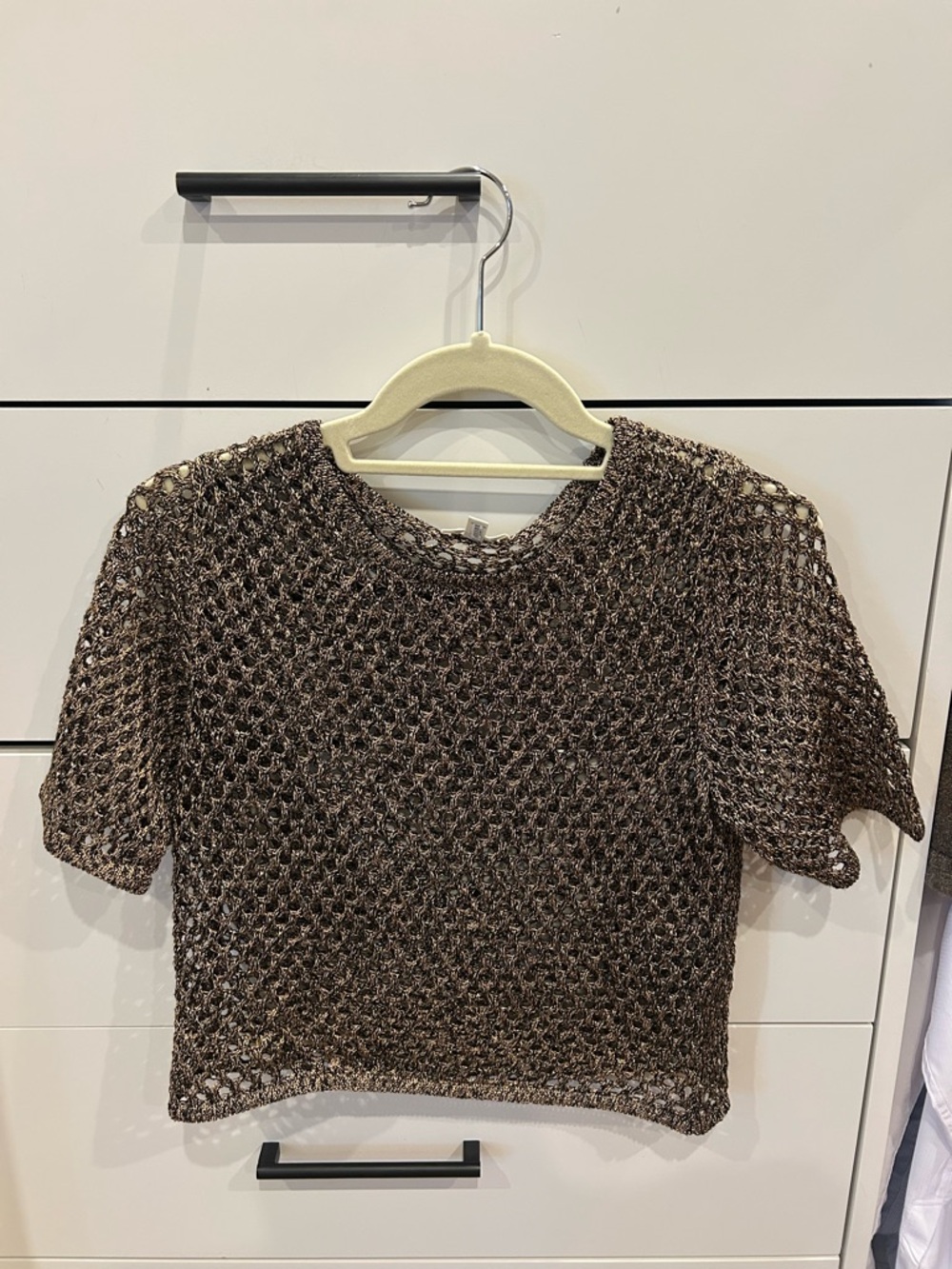 Pilcro Metallic Brown Crochet Short Sleeve Top